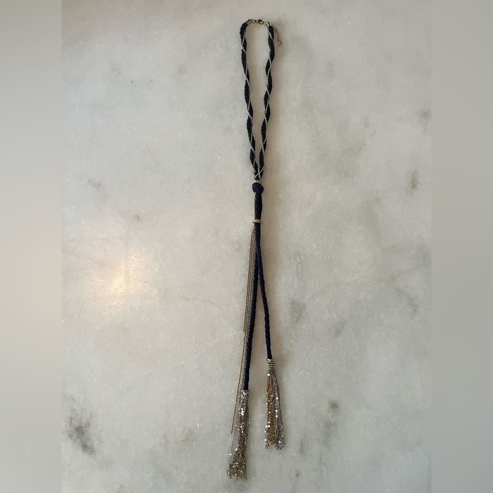 Dark Navy Blue Braided Tassel Necklace with Gold Chain Fringe